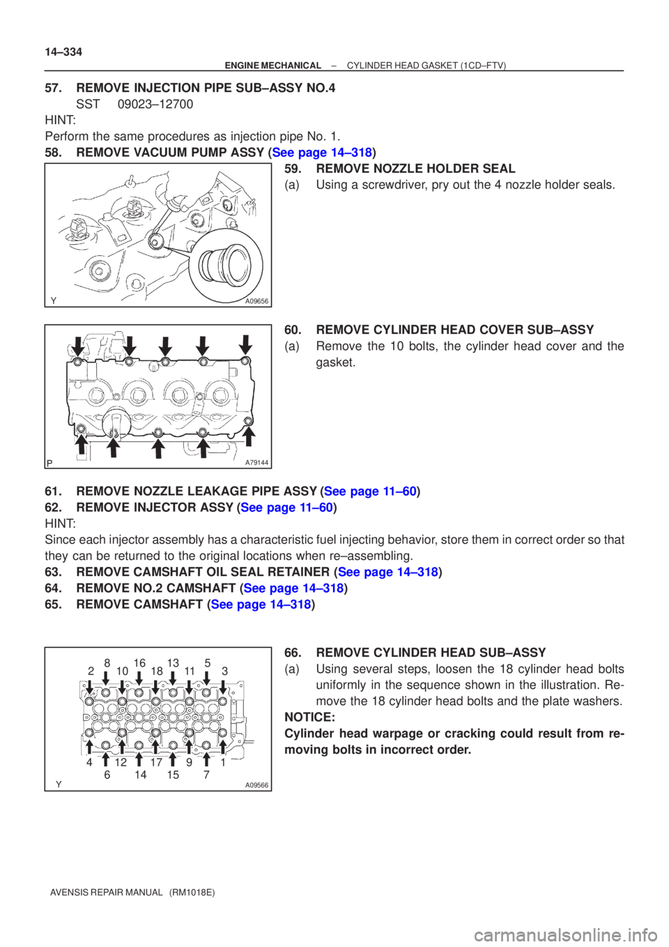 TOYOTA AVENSIS 2002  Repair Manual A09656
A79144
A09566
1
234 5
67 89
1011
12 13
1415
16
1718
14±334
±
ENGINE MECHANICAL CYLINDER HEAD GASKET(1CD±FTV)
AVENSIS REPAIR MANUAL   (RM1018E)
57.REMOVE INJECTION PIPE SUB±ASSY NO.4 SST0902