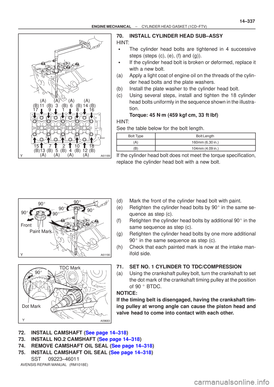 TOYOTA AVENSIS 2002  Repair Manual A61189
10
11
12
13 14
15 16
17
18
2
1
4
5 6
3
7 8
9
(A) (A)
(A)
(A) (A)
(A)
(A)
(B) (B) (B) (B) (B) (B) (B)
(B)
(B)
(B) (A)
A61190
90
 90

9090
 90

90
Front Paint Mark
90
A09683
TDC Mark
Dot M
