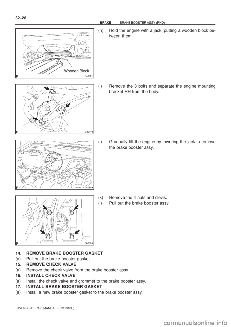 TOYOTA AVENSIS 2002  Repair Manual F40021
Wooden Block
C82119
C80809
C80805
32±28
± BRAKEBRAKE BOOSTER ASSY (RHD)
AVENSIS REPAIR MANUAL   (RM1018E)
(h) Hold the engine with a jack, putting a wooden block be-
tween them.
(i) Remove th