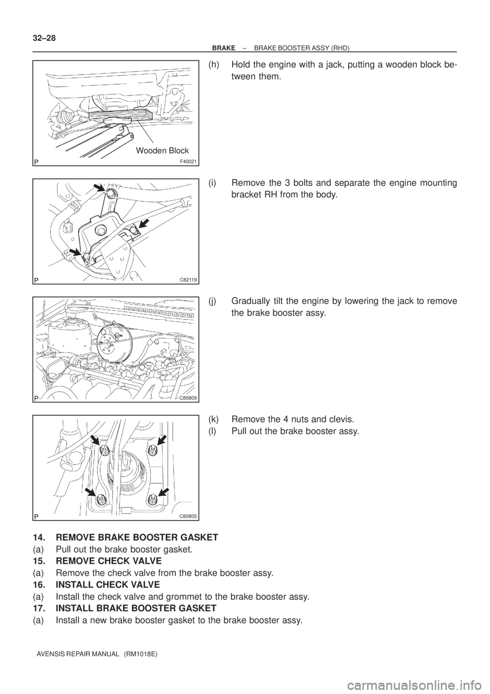 TOYOTA AVENSIS 2002 Service Manual F40021
Wooden Block
C82119
C80809
C80805
32±28
± BRAKEBRAKE BOOSTER ASSY (RHD)
AVENSIS REPAIR MANUAL   (RM1018E)
(h) Hold the engine with a jack, putting a wooden block be-
tween them.
(i) Remove th
