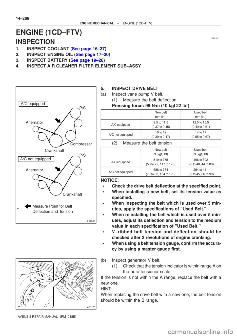 TOYOTA AVENSIS 2002  Repair Manual 140DD±03
A57063
Measure Point for Belt 
Deflection and Tension
Alternator
Crankshaft Compressor
P/S P/S
Alternator Crankshaft
A/C equipped
A/C not equipped
A61173
B
A
14±266
±
ENGINE MECHANICAL ENG
