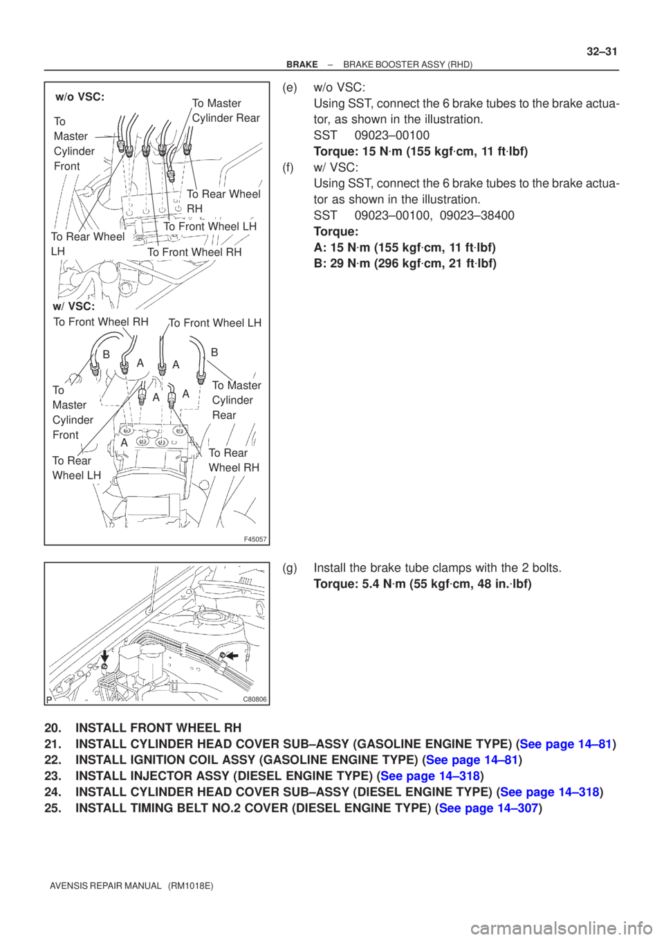 TOYOTA AVENSIS 2002  Repair Manual F45057
w/o VSC:
w/ VSC:
To Master
Cylinder Rear
To
Master
Cylinder
Front
To Rear Wheel
RH
To Front Wheel LH
To Front Wheel RH
To Rear Wheel
LH
A
To
Master
Cylinder
FrontTo Master
Cylinder
Rear
To Rear