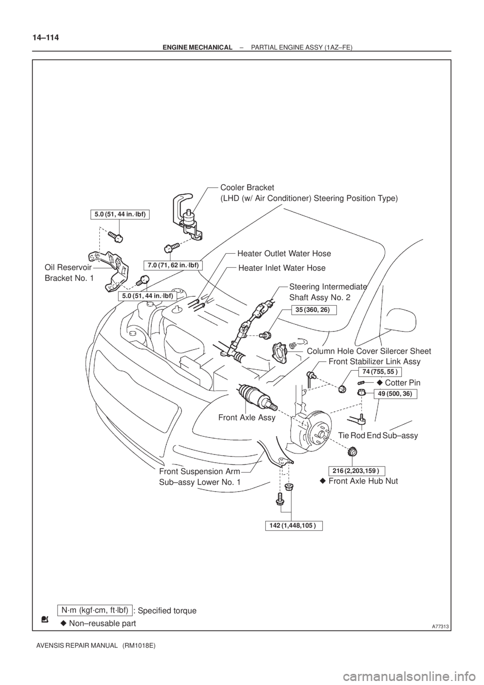 TOYOTA AVENSIS 2002  Repair Manual A77313
Cooler Bracket 
(LHD (w/ Air Conditioner) Steering Position Type)
Oil Reservoir 
Bracket No. 1Heater Outlet Water Hose
Heater Inlet Water Hose
Steering Intermediate 
Shaft Assy No. 2
Column Hol