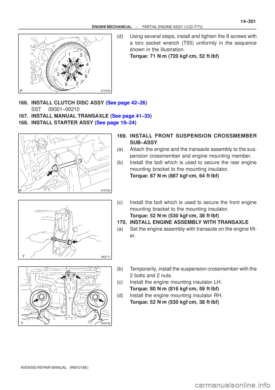TOYOTA AVENSIS 2002 Repair Manual A79183
2
1
3
4
5
6
7
8
A79180
A62711
A59792
±
ENGINE MECHANICAL PARTIAL ENGINE ASSY(1CD±FTV)
14±301
AVENSIS REPAIR MANUAL (RM1018E)
(d)Using several steps, install and tighten the 8 screws with
a TOYOTA AVENSIS 2002 Repair Manual A79183
2
1
3
4
5
6
7
8
A79180
A62711
A59792
±
ENGINE MECHANICAL PARTIAL ENGINE ASSY(1CD±FTV)
14±301
AVENSIS REPAIR MANUAL (RM1018E)
(d)Using several steps, install and tighten the 8 screws with
a
