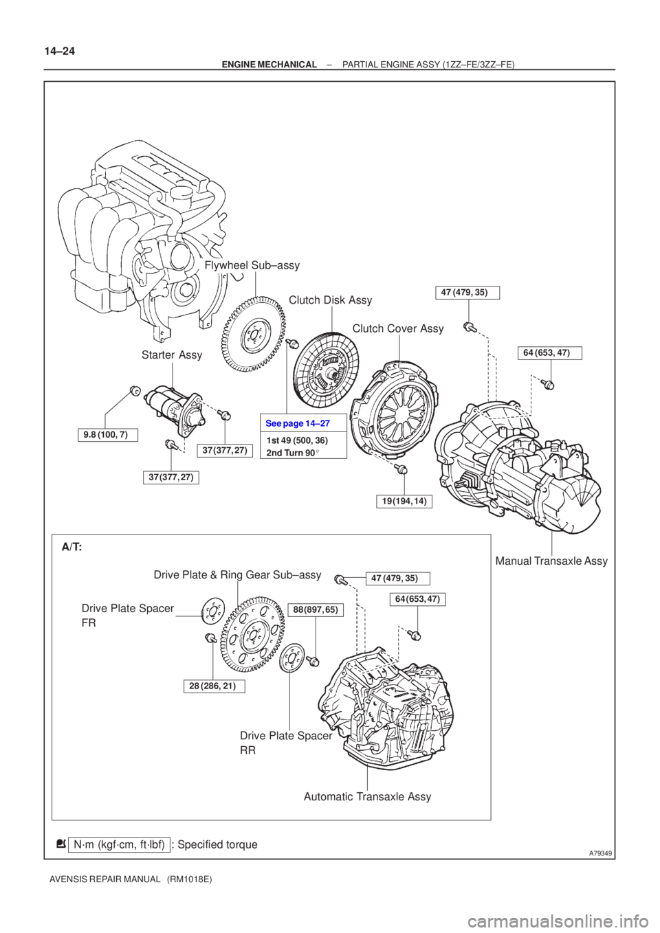 TOYOTA AVENSIS 2002  Repair Manual A79349N´m (kgf´cm, ft´lbf): Specified torqueAutomatic Transaxle Assy
Drive Plate Spacer 
RR
Drive Plate & Ring Gear Sub±assy
Drive Plate Spacer 
FR
A/T:
28 (286, 21)
88 (897, 65)
Clutch Disk Assy
