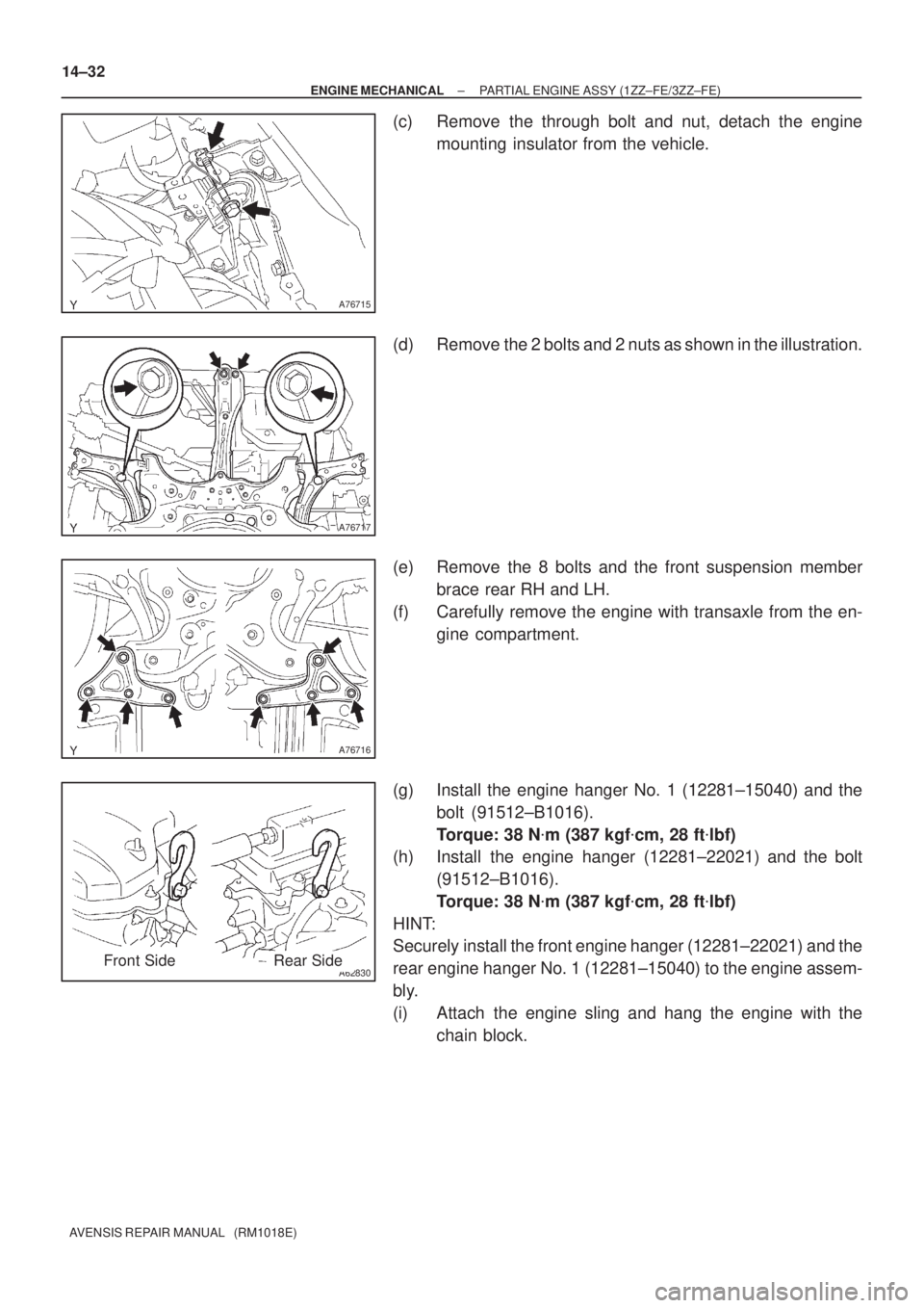 TOYOTA AVENSIS 2002 Repair Manual A76715
A76717
A76716
A62830Front SideRear Side 14±32
± ENGINE MECHANICALPARTIAL ENGINE ASSY (1ZZ±FE/3ZZ±FE)
AVENSIS REPAIR MANUAL (RM1018E)
(c) Remove the through bolt and nut, detach the engine TOYOTA AVENSIS 2002 Repair Manual A76715
A76717
A76716
A62830Front SideRear Side 14±32
± ENGINE MECHANICALPARTIAL ENGINE ASSY (1ZZ±FE/3ZZ±FE)
AVENSIS REPAIR MANUAL (RM1018E)
(c) Remove the through bolt and nut, detach the engine