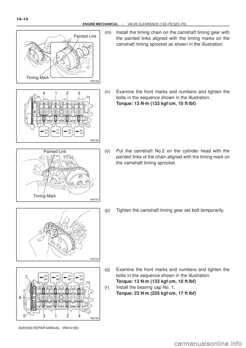 TOYOTA AVENSIS 2002  Repair Manual A62195
Painted Link
Timing Mark
A62196
4123
A62197
Painted Link
Timing Mark
A32124
A621983124 5 67 14±14
± ENGINE MECHANICALVALVE CLEARANCE (1ZZ±FE/3ZZ±FE)
AVENSIS REPAIR MANUAL   (RM1018E)
(m) In