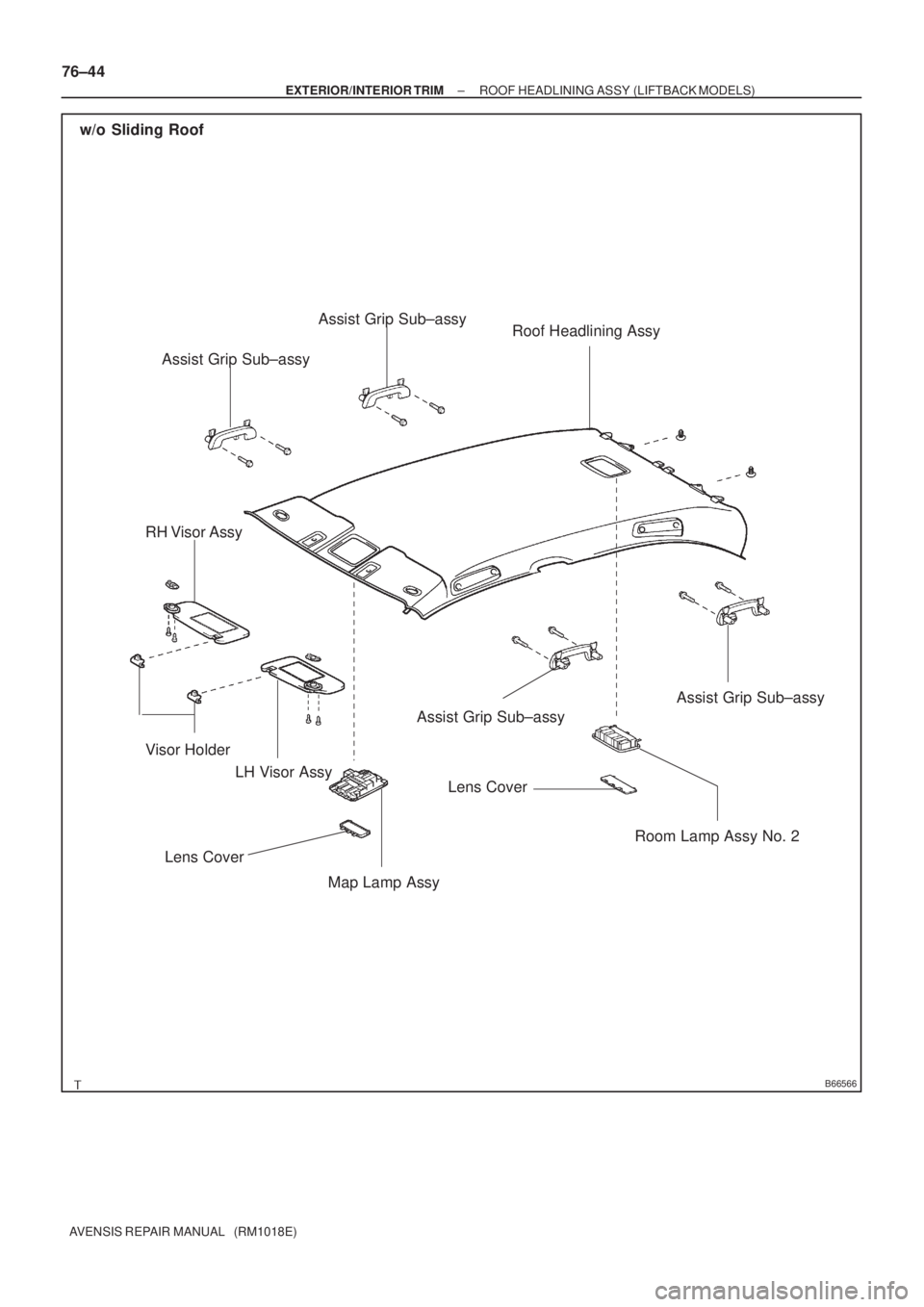 TOYOTA AVENSIS 2002  Repair Manual B66566
w/o Sliding Roof
LH Visor Assy Visor HolderRoof Headlining Assy
RH Visor Assy
Map Lamp AssyRoom Lamp Assy No. 2
Lens Cover
Assist Grip Sub±assy
Lens CoverAssist Grip Sub±assy
Assist Grip Sub