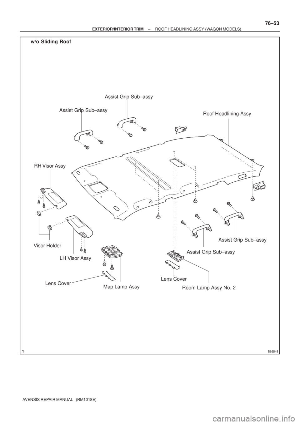 TOYOTA AVENSIS 2002  Repair Manual B66548
w/o Sliding Roof
LH Visor Assy Visor HolderRoof Headlining Assy
RH Visor Assy
Map Lamp Assy
Room Lamp Assy No. 2Lens Cover
Assist Grip Sub±assy
Lens Cover
Assist Grip Sub±assy
Assist Grip Sub