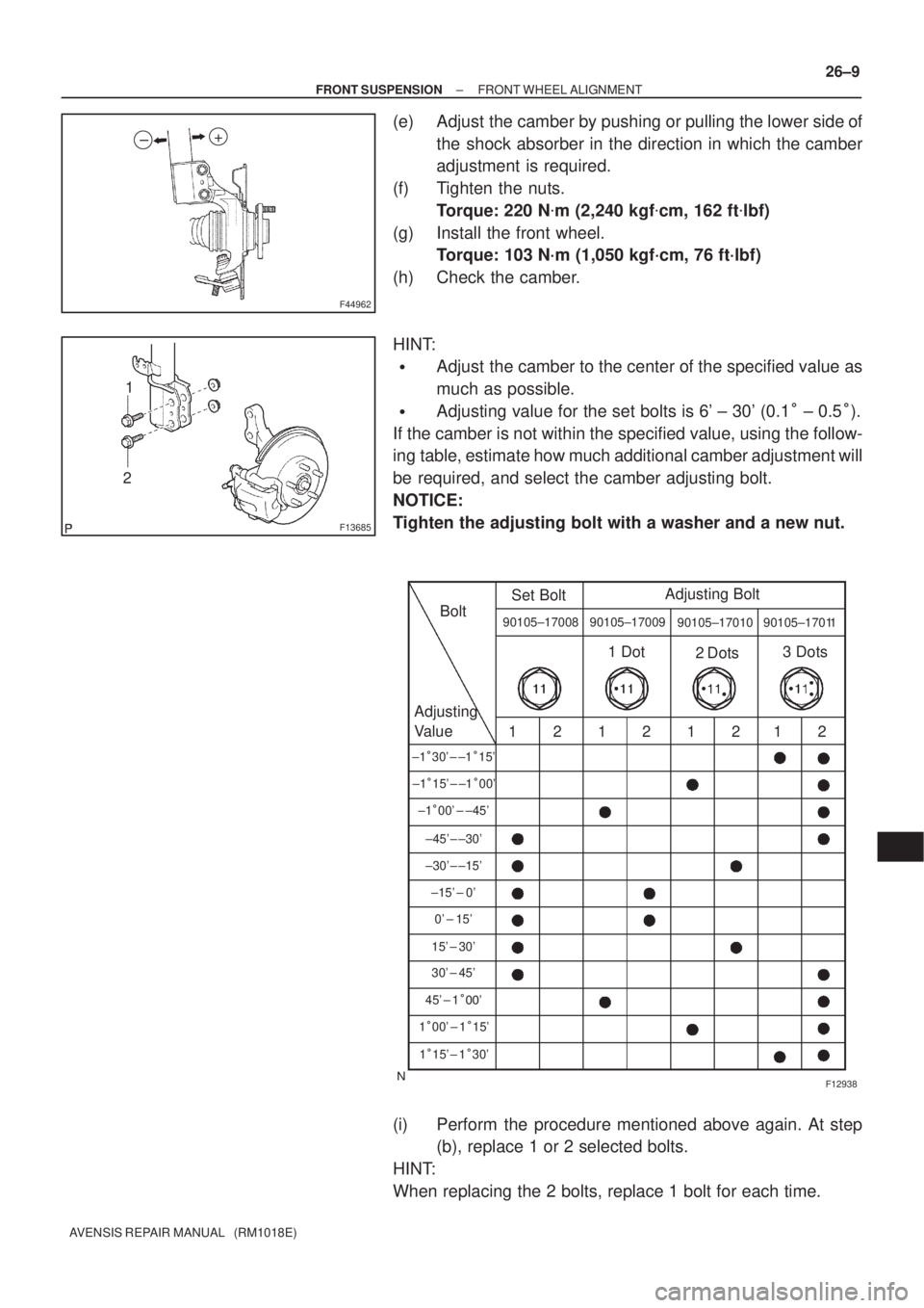 TOYOTA AVENSIS 2002  Repair Manual F44962
+
±
F13685
1
2
F12938
Bolt
Adjusting
ValueSet BoltAdjusting Bolt90105±17008 90105±17009
90105±17010 90105±17011
121212121 Dot
2 Dots3 Dots
±130 ± ±115
±115 ± ±100
±100 ± 