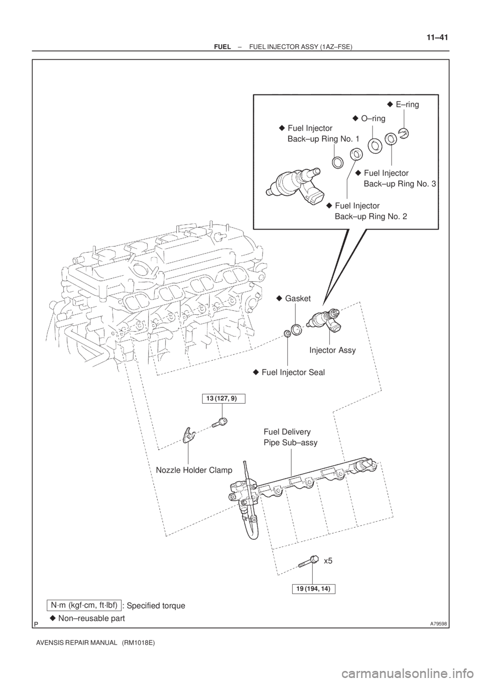 TOYOTA AVENSIS 2002  Repair Manual A79598
N´m (kgf´cm, ft´lbf)
: Specified torque
 Non±reusable part Fuel Injector Seal Gasket
13 (127, 9)
19 (194, 14)
 O±ring E±ring
 Fuel Injector 
    Back±up Ring No. 3
 Fuel Injector 