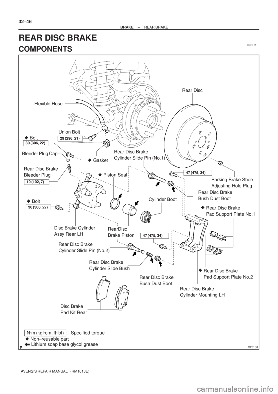 TOYOTA AVENSIS 2002  Repair Manual 320GE±03
G23180
 Gasket Flexible Hose
30 (306, 22)
Disc Brake Cylinder
Assy Rear LH
Disc Brake
Pad Kit Rear
 Non±reusable part
Nm (kgfcm, ftlbf) : Specified torque
Lithium soap base glycol grea
