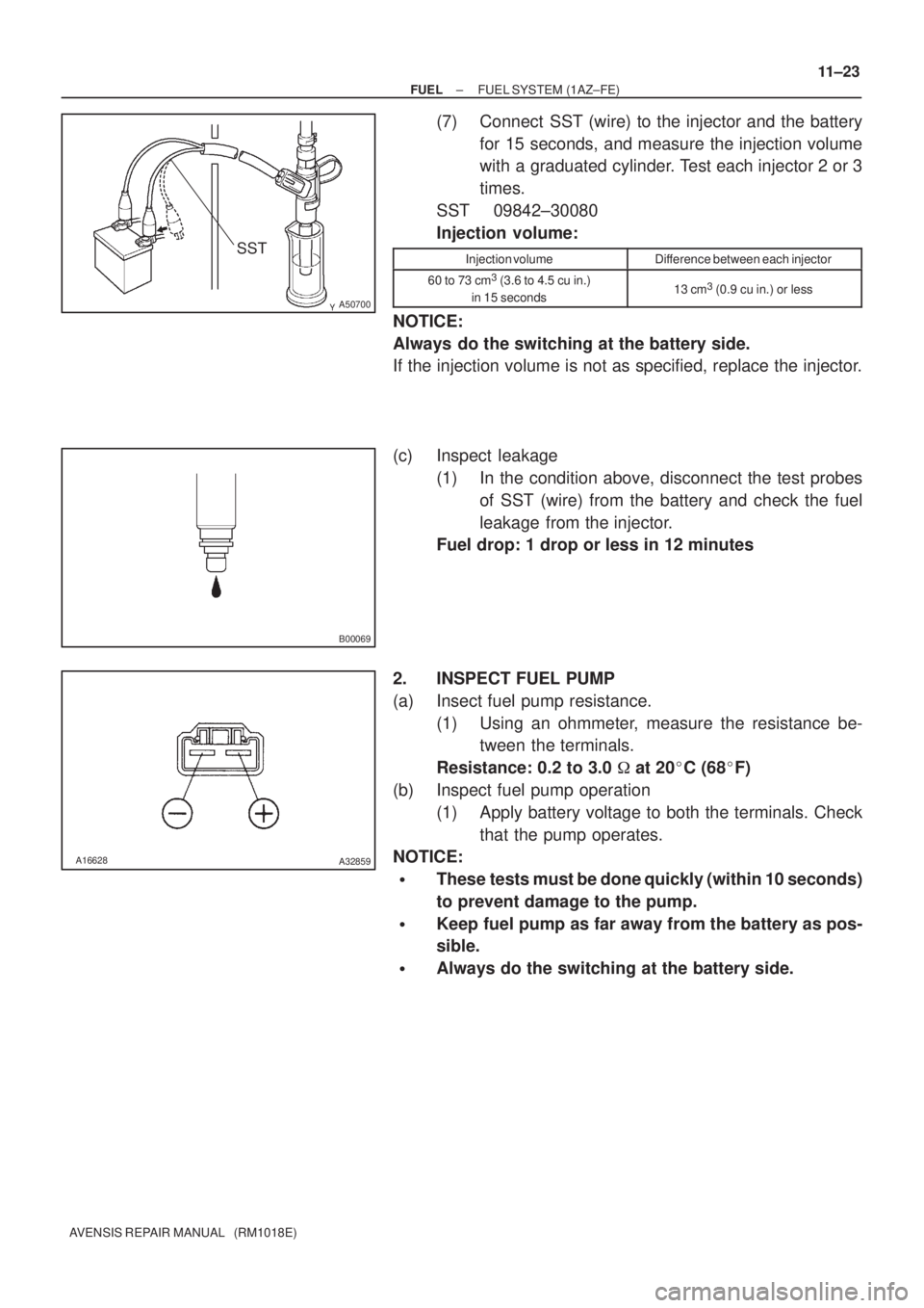 TOYOTA AVENSIS 2002  Repair Manual SST
A50700
B00069
A16628A32859
± FUELFUEL SYSTEM (1AZ±FE)
11±23
AVENSIS REPAIR MANUAL   (RM1018E)
(7) Connect  SST (wire) to the injector and the battery
for 15 seconds, and measure the injection v