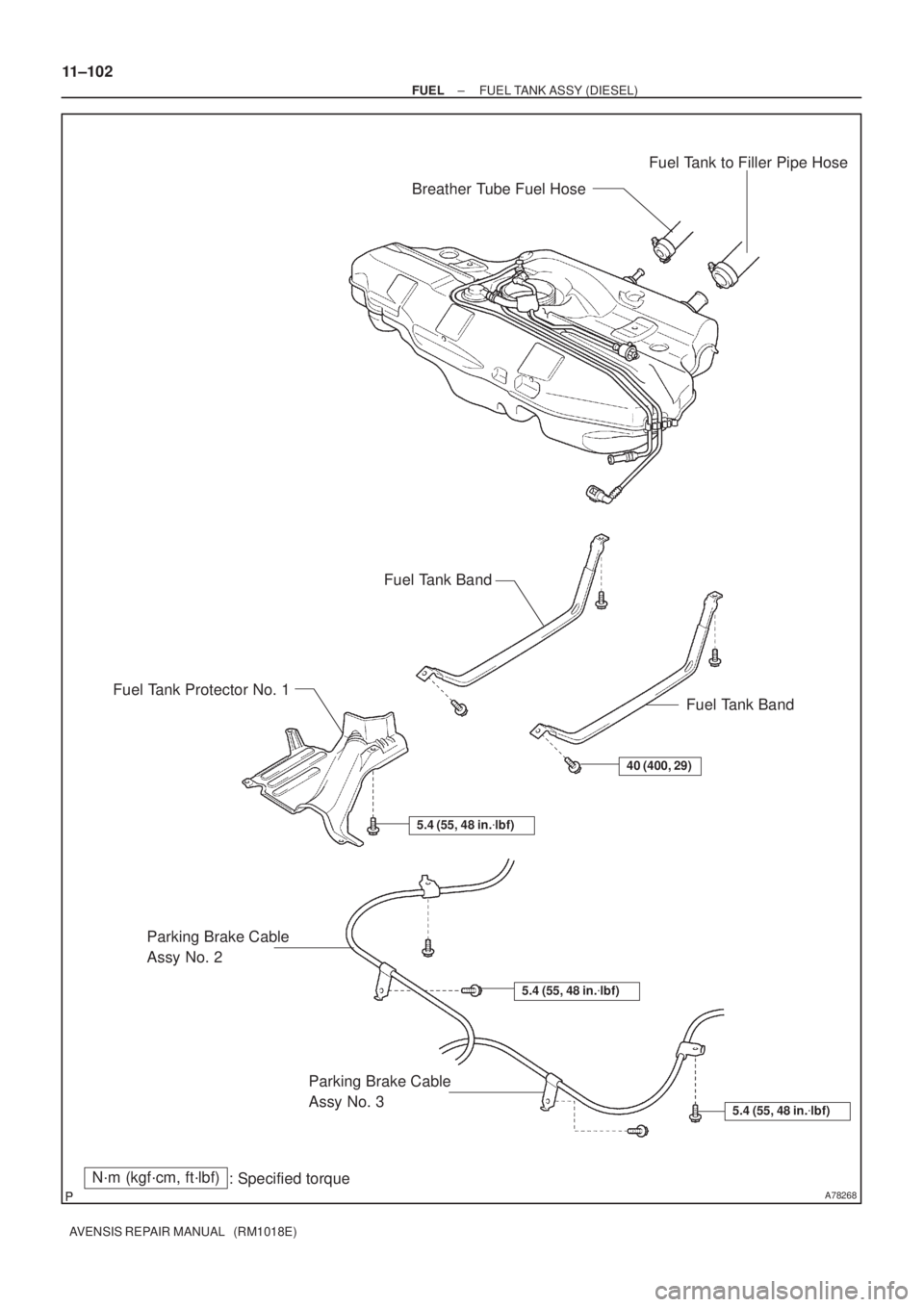 TOYOTA AVENSIS 2002  Repair Manual A78268
N´m (kgf´cm, ft´lbf)
: Specified torqueParking Brake Cable 
Assy No. 3 Parking Brake Cable 
Assy No. 2 Fuel Tank Protector No. 1
Fuel Tank Band Breather Tube Fuel HoseFuel Tank to Filler Pip