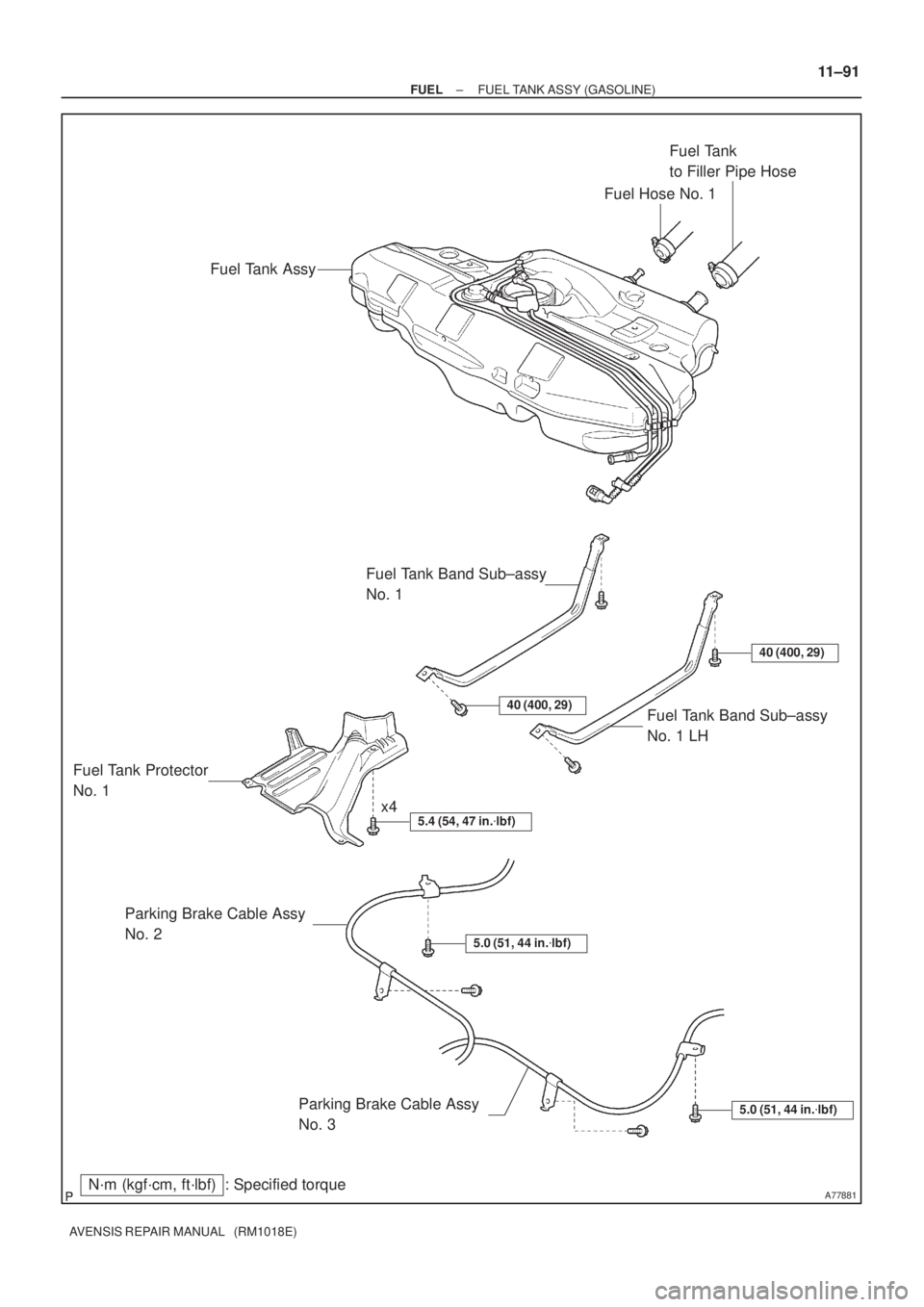 TOYOTA AVENSIS 2002  Repair Manual A77881
Fuel Tank AssyFuel Hose No. 1Fuel Tank 
to Filler Pipe Hose
Fuel Tank Band Sub±assy 
No. 1
Fuel Tank Band Sub±assy 
No. 1 LH
Fuel Tank Protector 
No. 1
Parking Brake Cable Assy 
No. 2
Parking