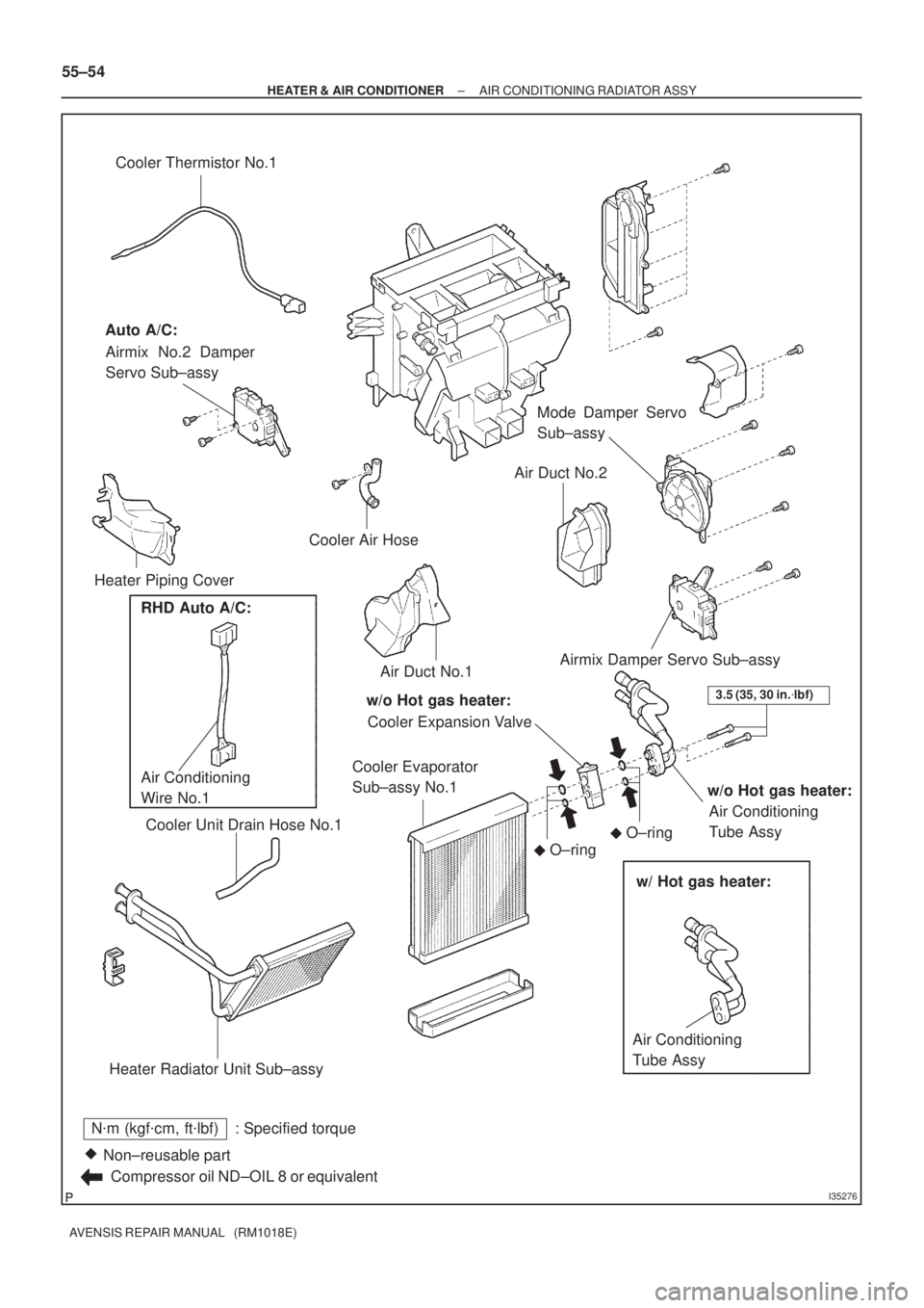 TOYOTA AVENSIS 2002  Repair Manual I35276
Nm (kgfcm, ftlbf) : Specified torque
Non±reusable part 
Compressor oil ND±OIL 8 or equivalentCooler Thermistor No.1
Auto A/C:
Airmix No.2 Damper
Servo Sub±assy
Heater Piping CoverMode Da
