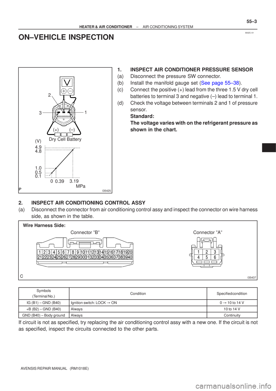 TOYOTA AVENSIS 2002  Repair Manual 550ZC±01
I35425
Dry Cell BatteryMPa
3.19
0.1 0.5 1.0 4.8 4.9 (V) (+) (±) 1
2
3
0.39
0
I35437
Wire Harness Side:
Connector ºBº Connector ºAº
±
HEATER & AIR CONDITIONER AIR CONDITIONING SYSTEM
55