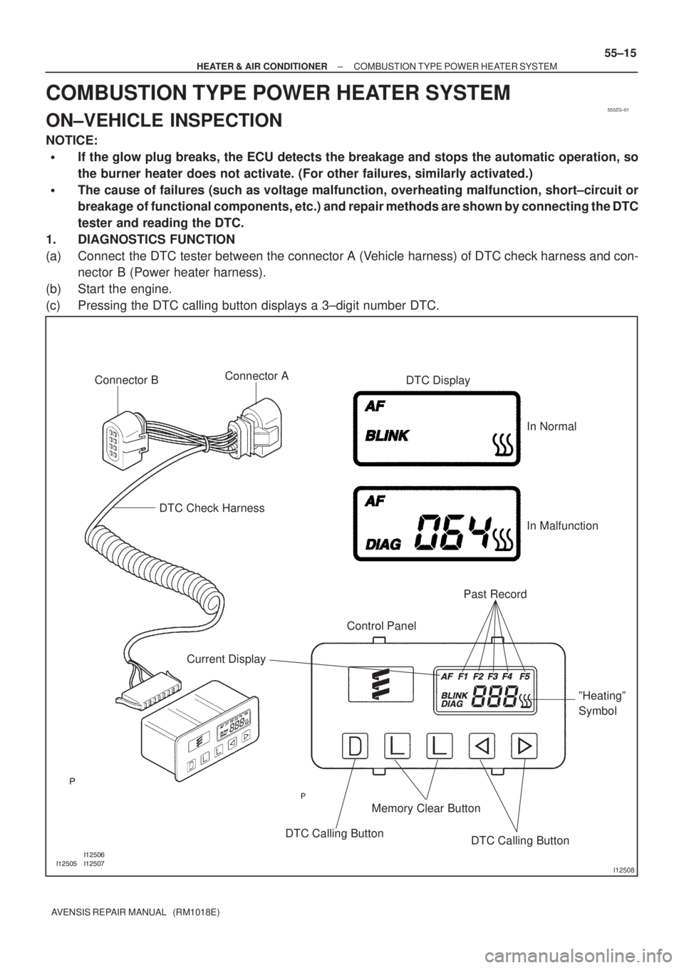 TOYOTA AVENSIS 2002  Repair Manual 550ZG±01
I12508
Connector B
DTC Check Harness
Current DisplayControl PanelPast Record DTC Display
Memory Clear Button
DTC Calling Button
DTC Calling ButtonºHeatingº
Symbol In Norm