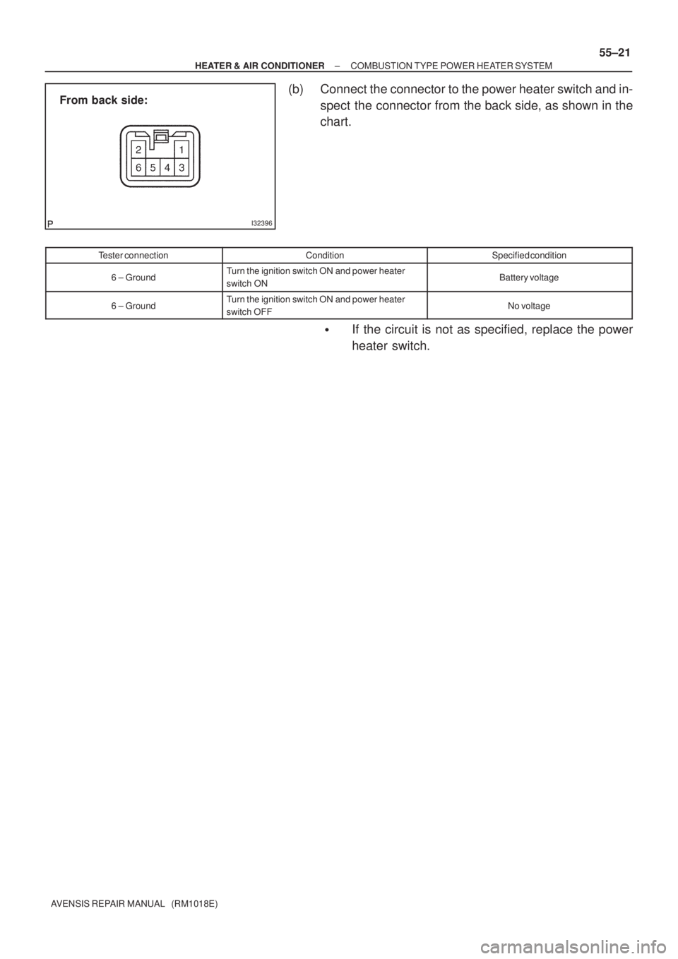 TOYOTA AVENSIS 2002 Repair Manual I32396
From back side:
± HEATER & AIR CONDITIONERCOMBUSTION TYPE POWER HEATER SYSTEM
55±21
AVENSIS REPAIR MANUAL (RM1018E)
(b) Connect the connector to the power heater switch and in-
spect the co TOYOTA AVENSIS 2002 Repair Manual I32396
From back side:
± HEATER & AIR CONDITIONERCOMBUSTION TYPE POWER HEATER SYSTEM
55±21
AVENSIS REPAIR MANUAL (RM1018E)
(b) Connect the connector to the power heater switch and in-
spect the co