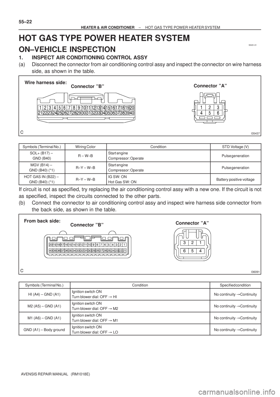 TOYOTA AVENSIS 2002 Repair Manual 550ZI±01
I35437
Connector ºBº Wire harness side:
Connector ºAº
I36091
Connector ºBº From back side:
Connector ºAº 55±22
± HEATER & AIR CONDITIONERHOT GAS TYPE POWER HEATER SYSTEM
AVENSIS RE TOYOTA AVENSIS 2002 Repair Manual 550ZI±01
I35437
Connector ºBº Wire harness side:
Connector ºAº
I36091
Connector ºBº From back side:
Connector ºAº 55±22
± HEATER & AIR CONDITIONERHOT GAS TYPE POWER HEATER SYSTEM
AVENSIS RE