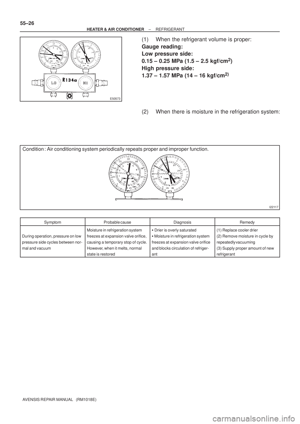 TOYOTA AVENSIS 2002 Repair Manual E50573
I22117
Condition : Air conditioning system periodically repeats proper and improper function. 55±26
± HEATER & AIR CONDITIONERREFRIGERANT
AVENSIS REPAIR MANUAL (RM1018E)
(1) When the refrig TOYOTA AVENSIS 2002 Repair Manual E50573
I22117
Condition : Air conditioning system periodically repeats proper and improper function. 55±26
± HEATER & AIR CONDITIONERREFRIGERANT
AVENSIS REPAIR MANUAL (RM1018E)
(1) When the refrig