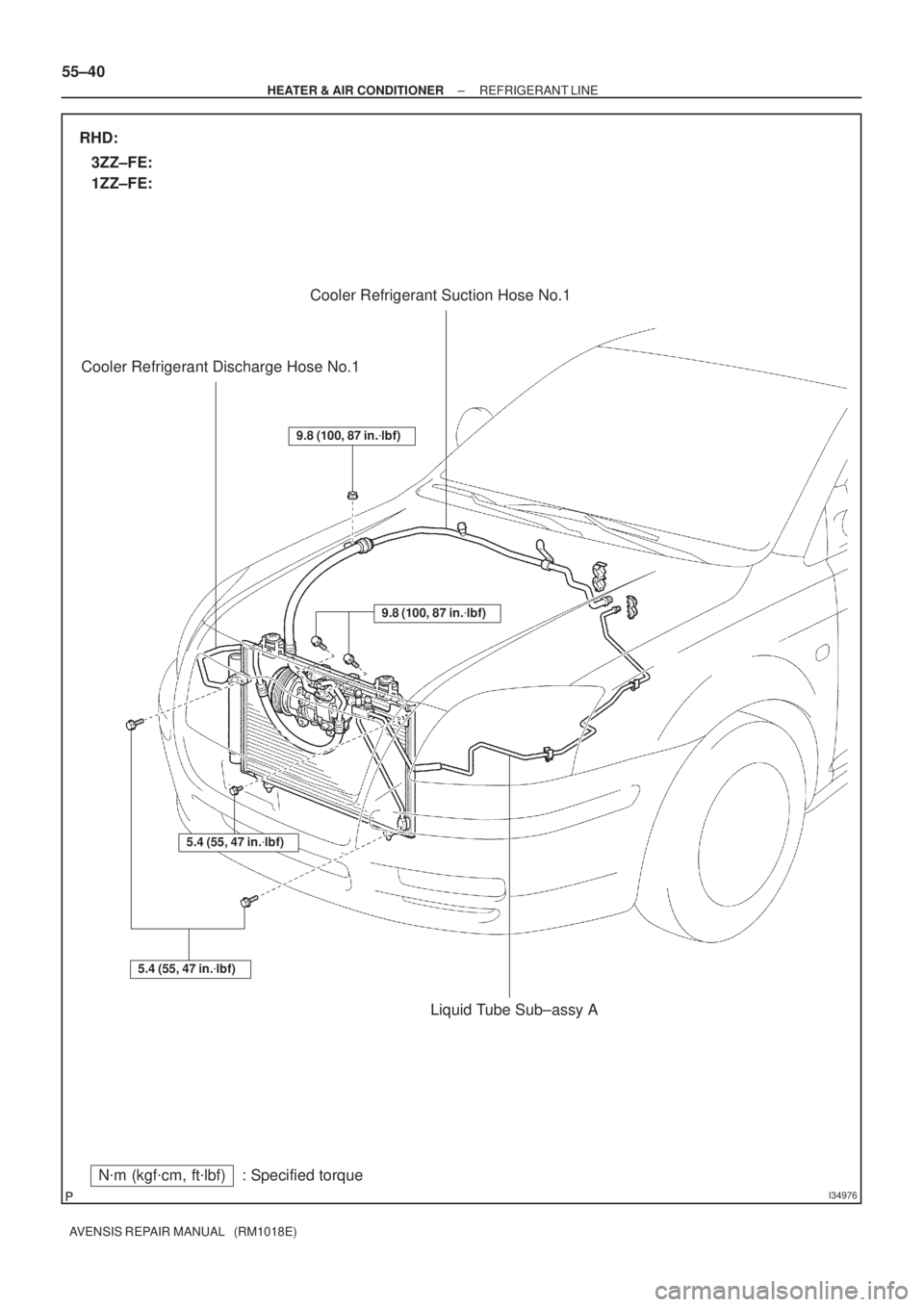 TOYOTA AVENSIS 2002  Repair Manual I34976
Nm (kgfcm, ftlbf) : Specified torqueCooler Refrigerant Suction Hose No.1
Liquid Tube Sub±assy A Cooler Refrigerant Discharge Hose No.1
9.8 (100, 87 in.lbf)
9.8 (100, 87 in.lbf)
RHD:
3ZZ±