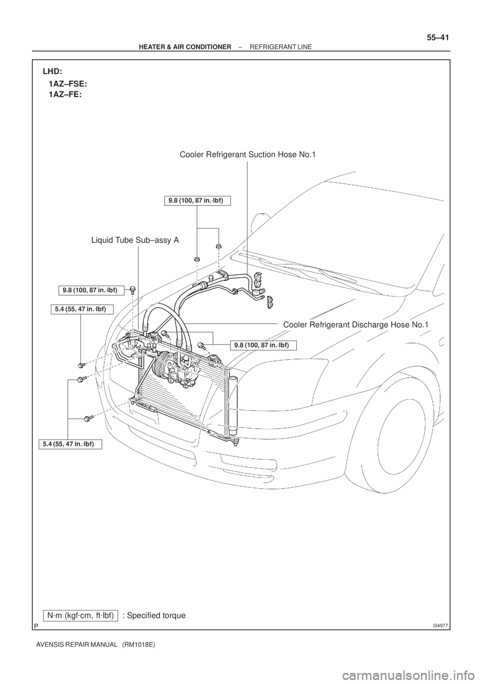 TOYOTA AVENSIS 2002  Repair Manual I34977
Nm (kgfcm, ftlbf) : Specified torqueCooler Refrigerant Suction Hose No.1
Liquid Tube Sub±assy A
Cooler Refrigerant Discharge Hose No.1
5.4 (55, 47 in.lbf)
5.4 (55, 47 in.lbf)
9.8 (100, 87