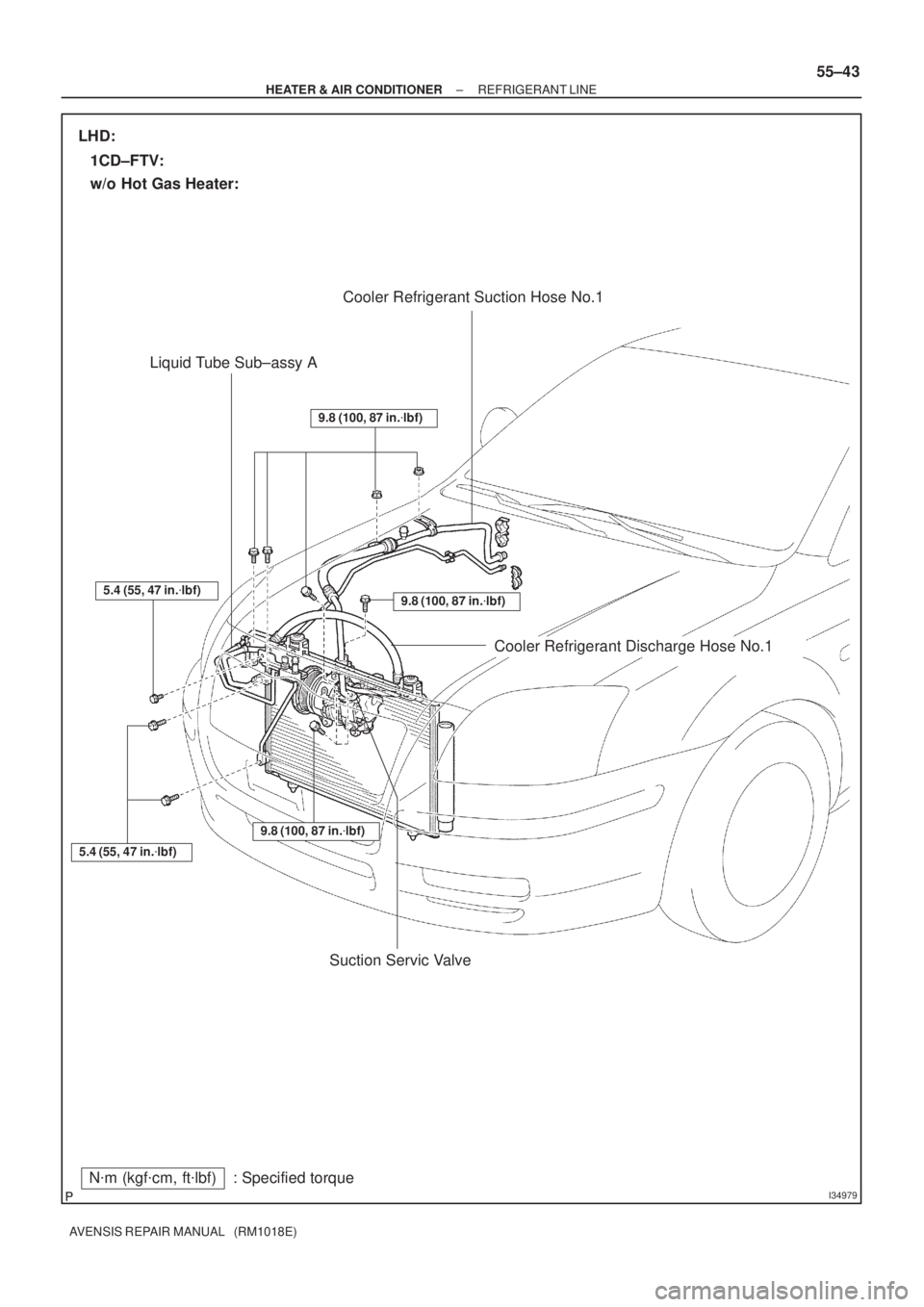 TOYOTA AVENSIS 2002  Repair Manual I34979
Nm (kgfcm, ftlbf) : Specified torqueCooler Refrigerant Suction Hose No.1
Liquid Tube Sub±assy A
Cooler Refrigerant Discharge Hose No.1
5.4 (55, 47 in.lbf)
5.4 (55, 47 in.lbf)
9.8 (100, 87