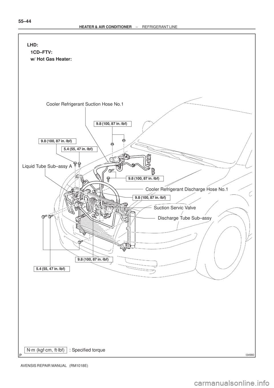 TOYOTA AVENSIS 2002  Repair Manual I34980Nm (kgfcm, ftlbf) : Specified torque Liquid Tube Sub±assy A
Cooler Refrigerant Discharge Hose No.1
9.8 (100, 87 in.lbf)
LHD:
1CD±FTV:
w/ Hot Gas Heater:
Suction Servic Valve
5.4 (55, 47 in