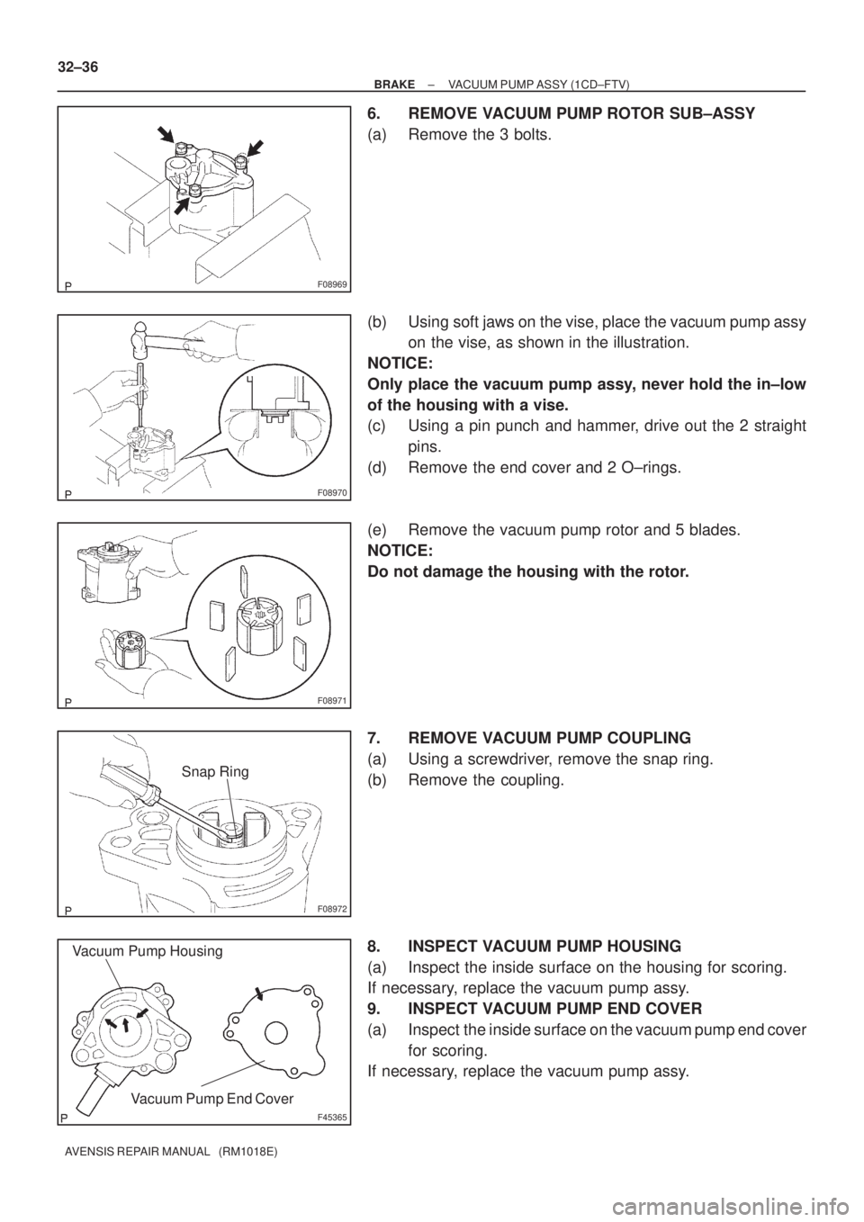 TOYOTA AVENSIS 2002 Repair Manual F08969
F08970
F08971
F08972
Snap Ring
F45365
Vacuum Pump Housing
Vacuum Pump End Cover
32±36
± BRAKEVACUUM PUMP ASSY (1CD±FTV)
AVENSIS REPAIR MANUAL (RM1018E)
6. REMOVE VACUUM PUMP ROTOR SUB±ASS TOYOTA AVENSIS 2002 Repair Manual F08969
F08970
F08971
F08972
Snap Ring
F45365
Vacuum Pump Housing
Vacuum Pump End Cover
32±36
± BRAKEVACUUM PUMP ASSY (1CD±FTV)
AVENSIS REPAIR MANUAL (RM1018E)
6. REMOVE VACUUM PUMP ROTOR SUB±ASS