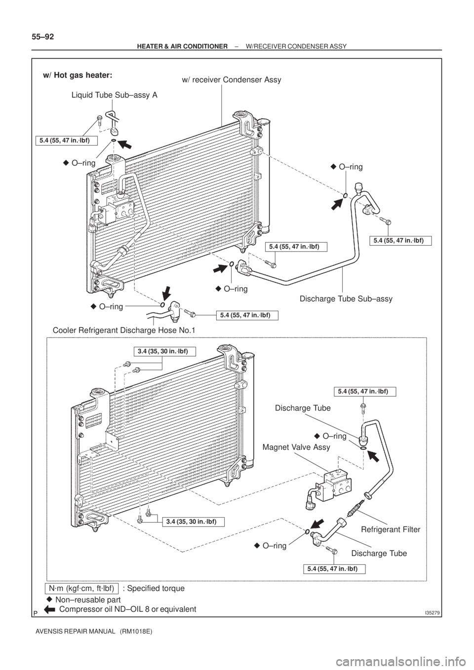 TOYOTA AVENSIS 2002  Repair Manual I35279
Nm (kgfcm, ftlbf) : Specified torque
Non±reusable part 
Compressor oil ND±OIL 8 or equivalentw/ receiver Condenser Assy
Liquid Tube Sub±assy A
Cooler Refrigerant Discharge Hose No.1O±ri