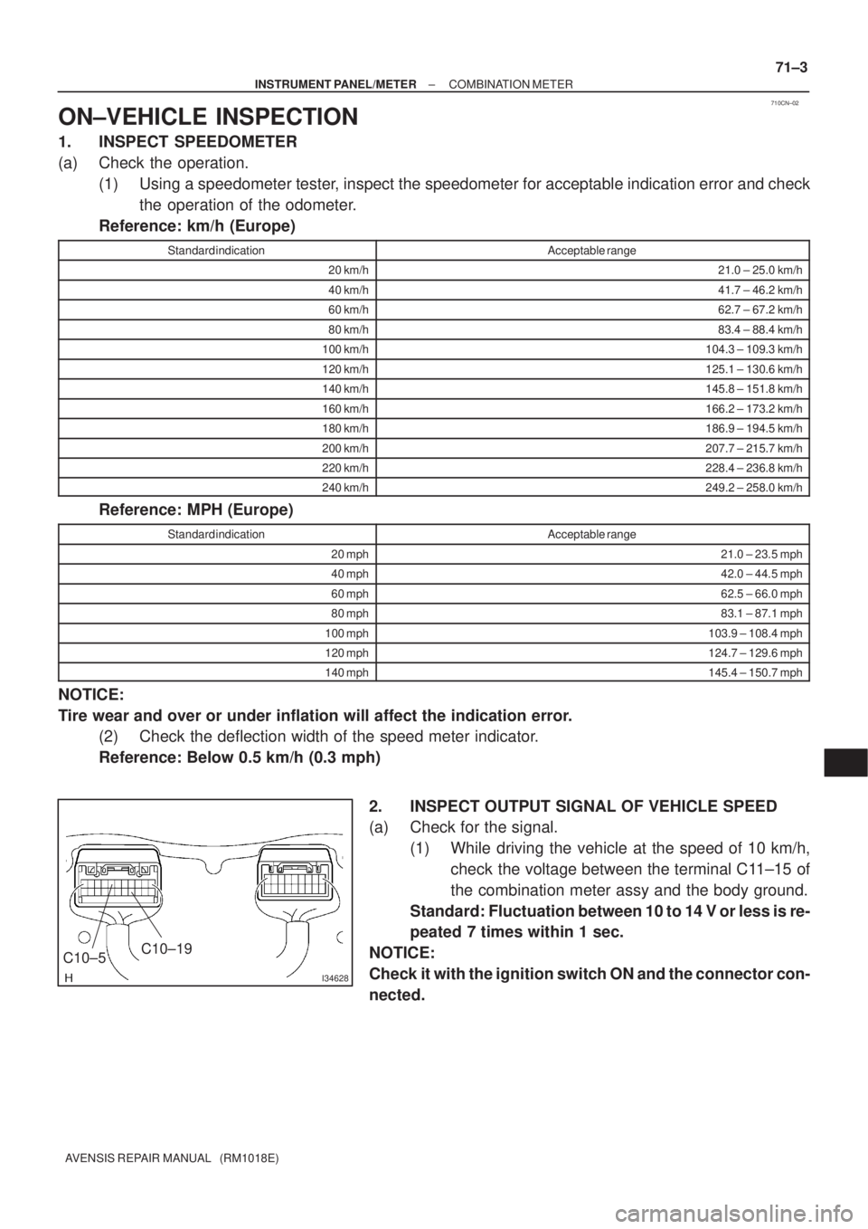 TOYOTA AVENSIS 2002  Repair Manual 710CN±02
I34628
C10±19
C10±5
± INSTRUMENT PANEL/METERCOMBINATION METER
71±3
AVENSIS REPAIR MANUAL   (RM1018E)
ON±VEHICLE INSPECTION
1. INSPECT SPEEDOMETER
(a) Check the operation.
(1) Using a sp