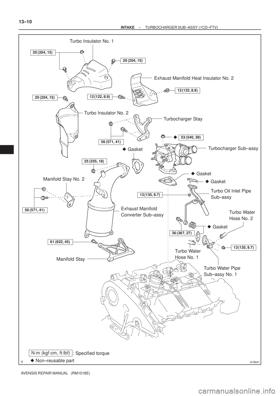 TOYOTA AVENSIS 2002  Repair Manual A79441
N´m (kgf´cm, ft´lbf)
: Specified torque
 Non±reusable part Gasket
 Gasket  Gasket
20 (204, 15)
20 (204, 15)
20 (204, 15)
12 (122, 8.9)
53 (540, 39)
13 (135, 9.7)
36 (367, 27)
61 (622, 4