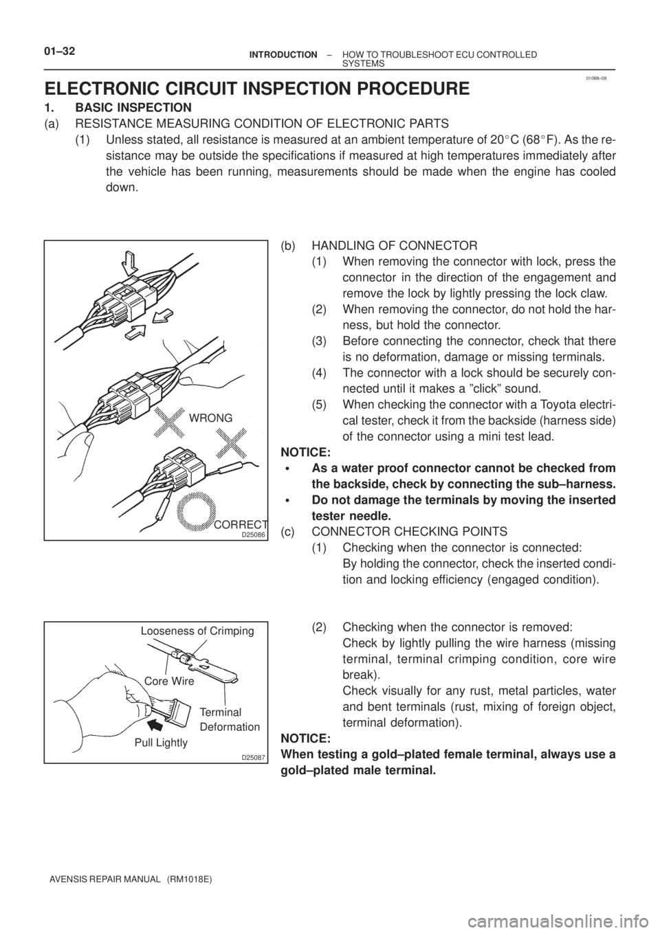 TOYOTA AVENSIS 2002  Repair Manual 010B8±08
D25086
WRONG
CORRECT
D25087
Looseness of Crimping
Core Wire
Terminal 
Deformation
Pull Lightly 01±32
± INTRODUCTIONHOW TO TROUBLESHOOT ECU CONTROLLED
SYSTEMS
AVENSIS REPAIR MANUAL   (RM101