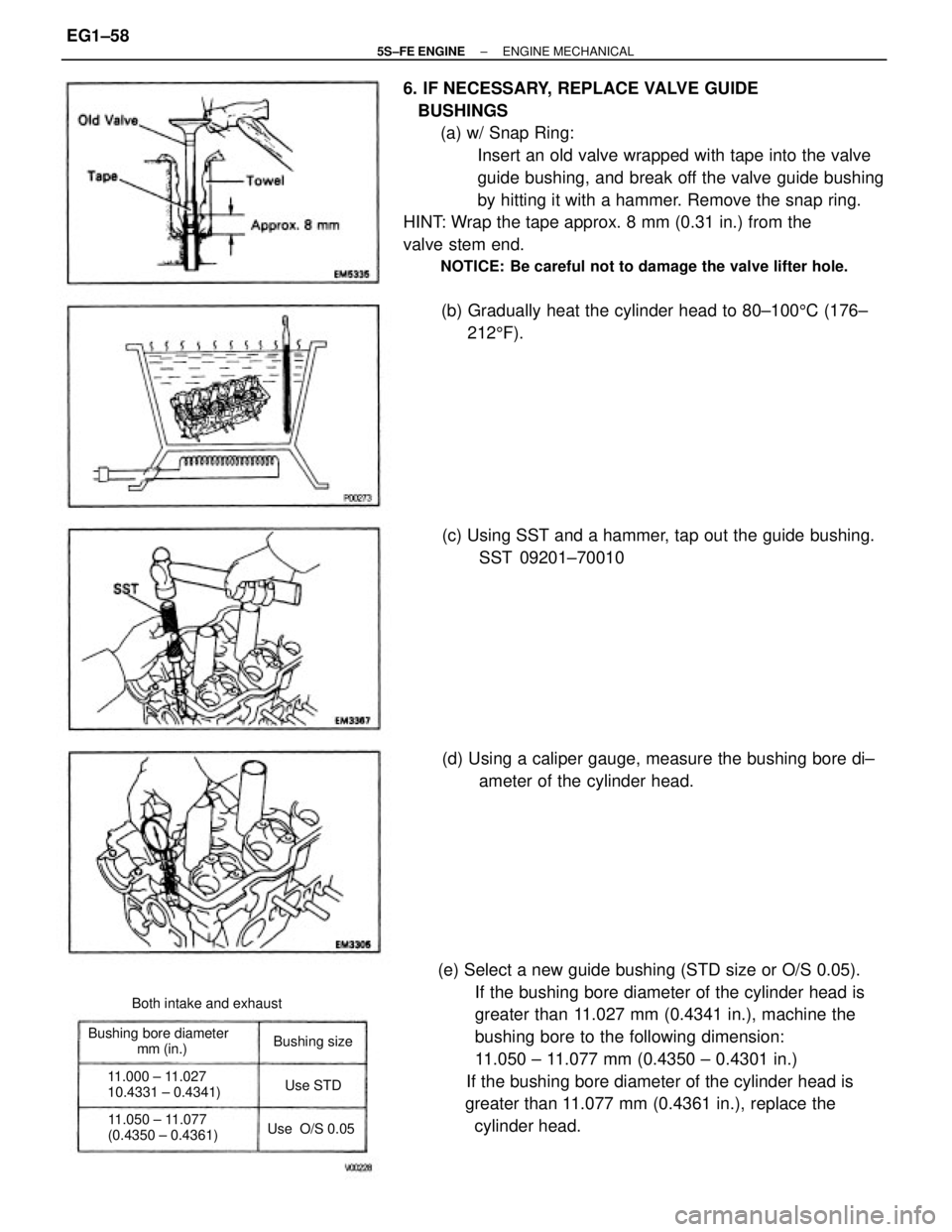 TOYOTA CAMRY 2000  Service Repair Manual 6. IF NECESSARY, REPLACE VALVE GUIDE
   BUSHINGS
(a) w/ Snap Ring:
Insert an old valve wrapped with tape into the valve
guide bushing, and break off the valve guide bushing
by hitting it with a hammer