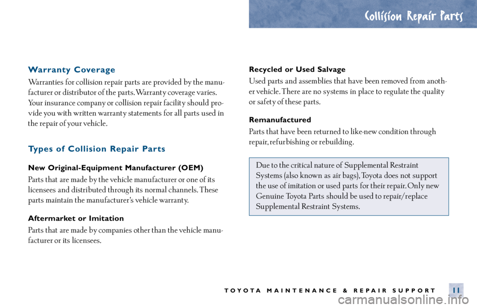 TOYOTA CAMRY 2000  Service Repair Manual Warranty Coverage
Warranties for collision repair parts are provided by the manu-
facturer or distributor of the parts. Warranty coverage varies.
Your insurance company or collision repair facility sh