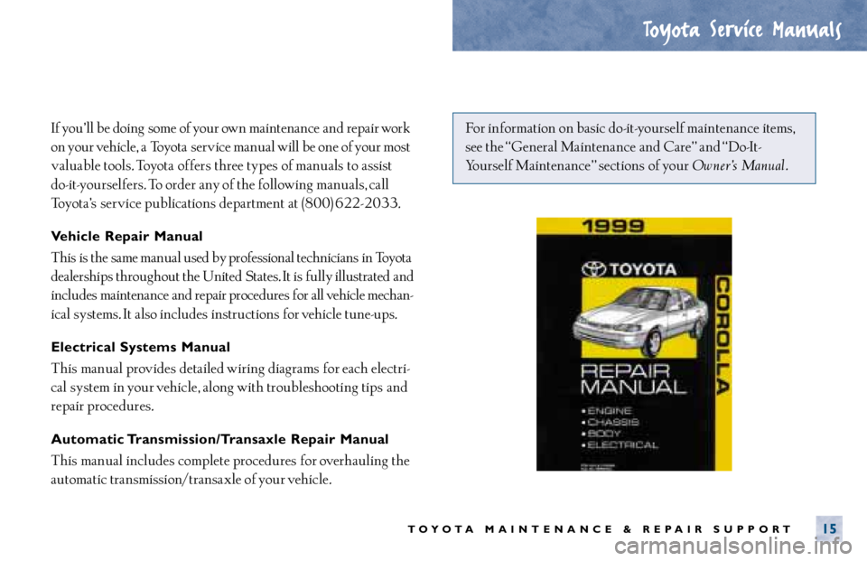 TOYOTA CAMRY 2000  Service Repair Manual If you’ ll be doing  some of your own maintenance  and repair work
on your vehicle,  a Toyota service manual will be one of your most
valuable tools. Toyota offers three types of manuals to  assist 