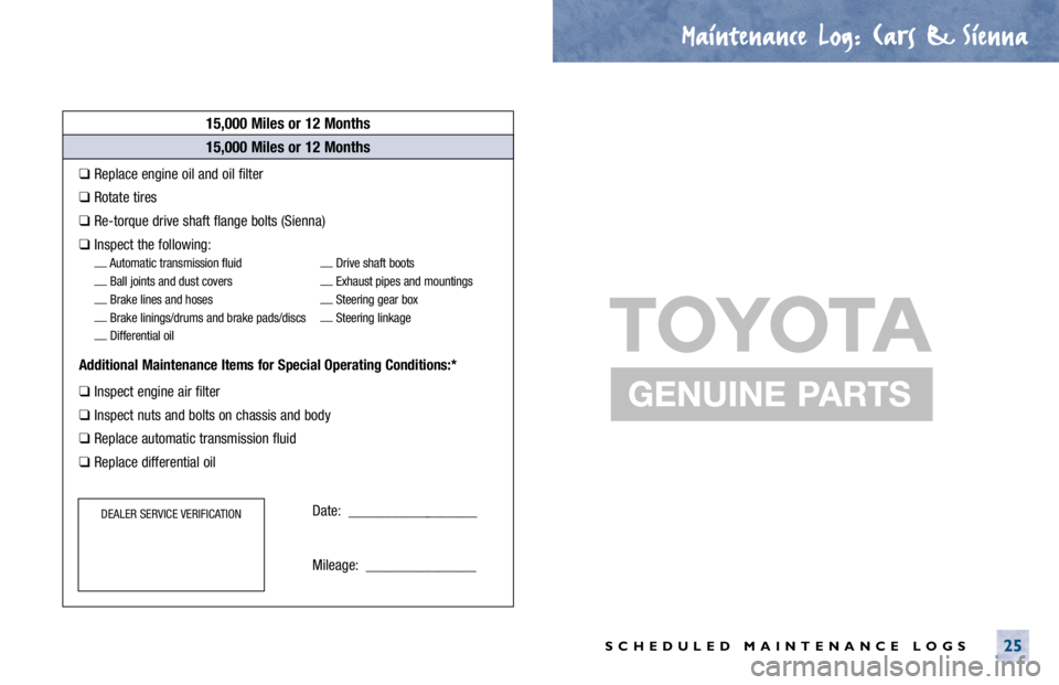 TOYOTA CAMRY 2000  Service Repair Manual Maintenance Log.
. Cars & Sienna
SCHEDULED MAINTENANCE LOGS25
15,000 Miles or 12 Months
❑Replace engine oil and oil filter
❑Rotate tires
❑Re-torque drive shaft flange bolts (Sienna)
❑Inspect t