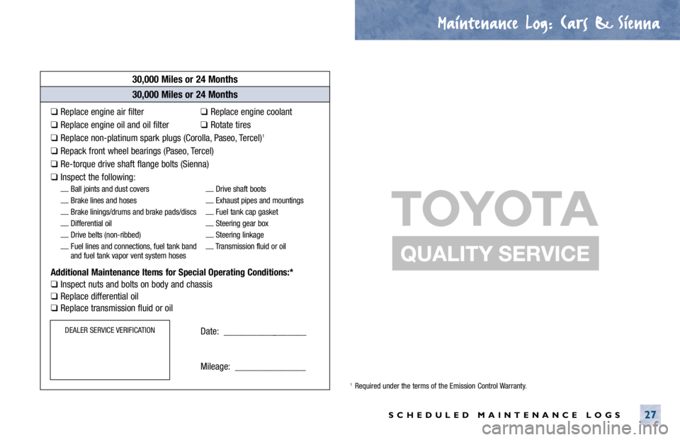TOYOTA CAMRY 2000  Service Repair Manual Maintenance Log.
. Cars & Sienna
SCHEDULED MAINTENANCE LOGS27
30,000 Miles or 24 Months
❑Replace engine air filter❑Replace engine coolant
❑Replace engine oil and oil filter❑Rotate tires
❑Rep