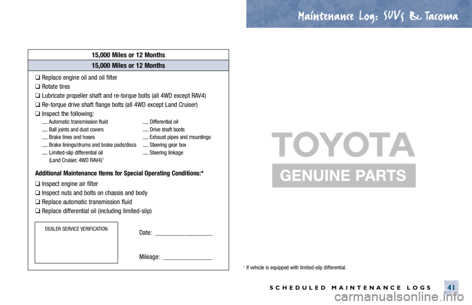 TOYOTA CAMRY 2000  Service User Guide Maintenance Log.
. SUVs & Tacoma
SCHEDULED MAINTENANCE LOGS41
15,000 Miles or 12 Months
❑Replace engine oil and oil filter
❑Rotate tires
❑Lubricate propeller shaft and re-torque bolts (all 4WD e