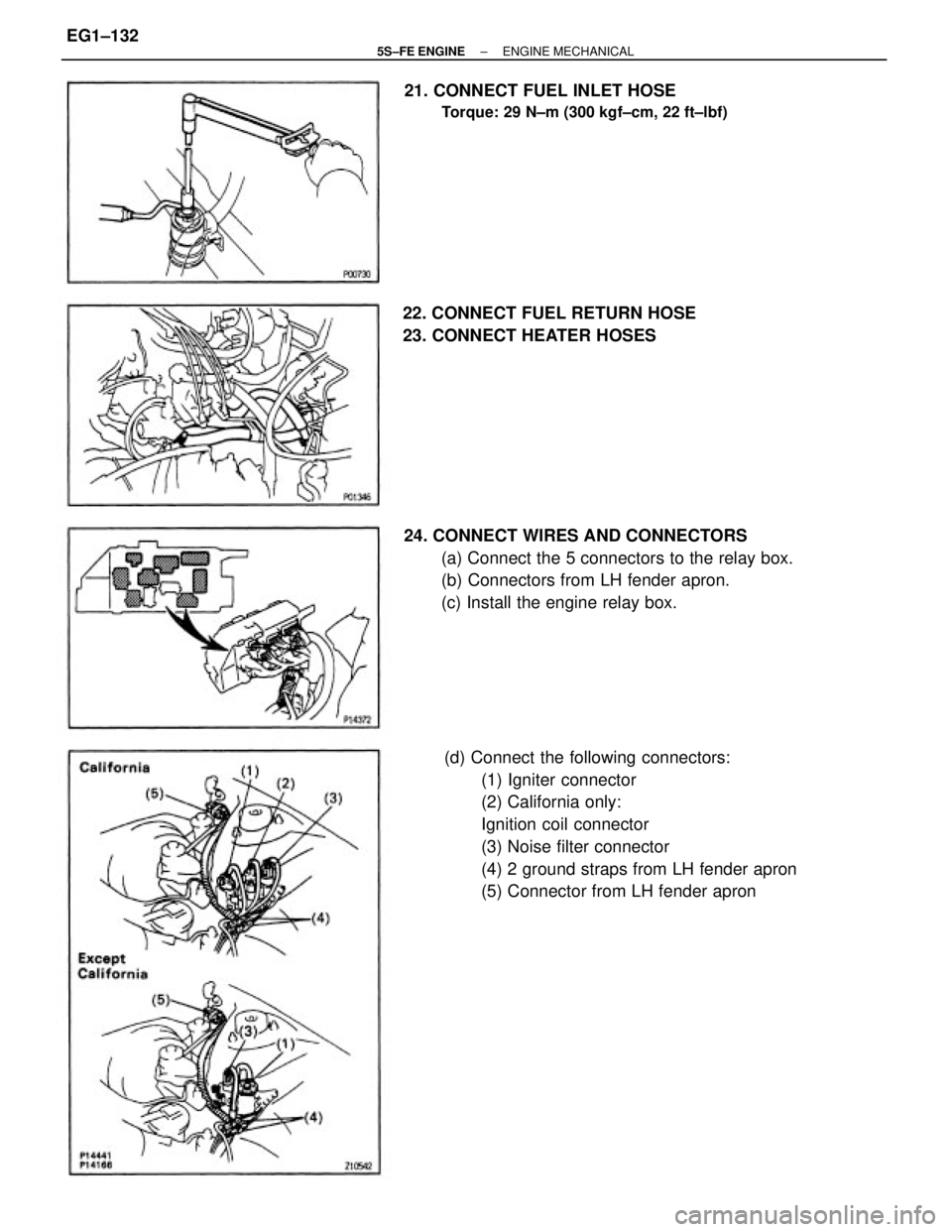 TOYOTA CAMRY 2000  Service Repair Manual (d) Connect the following connectors:
(1) Igniter connector
(2) California only:
Ignition coil connector
(3) Noise filter connector
(4) 2 ground straps from LH fender apron
(5) Connector from LH fende
