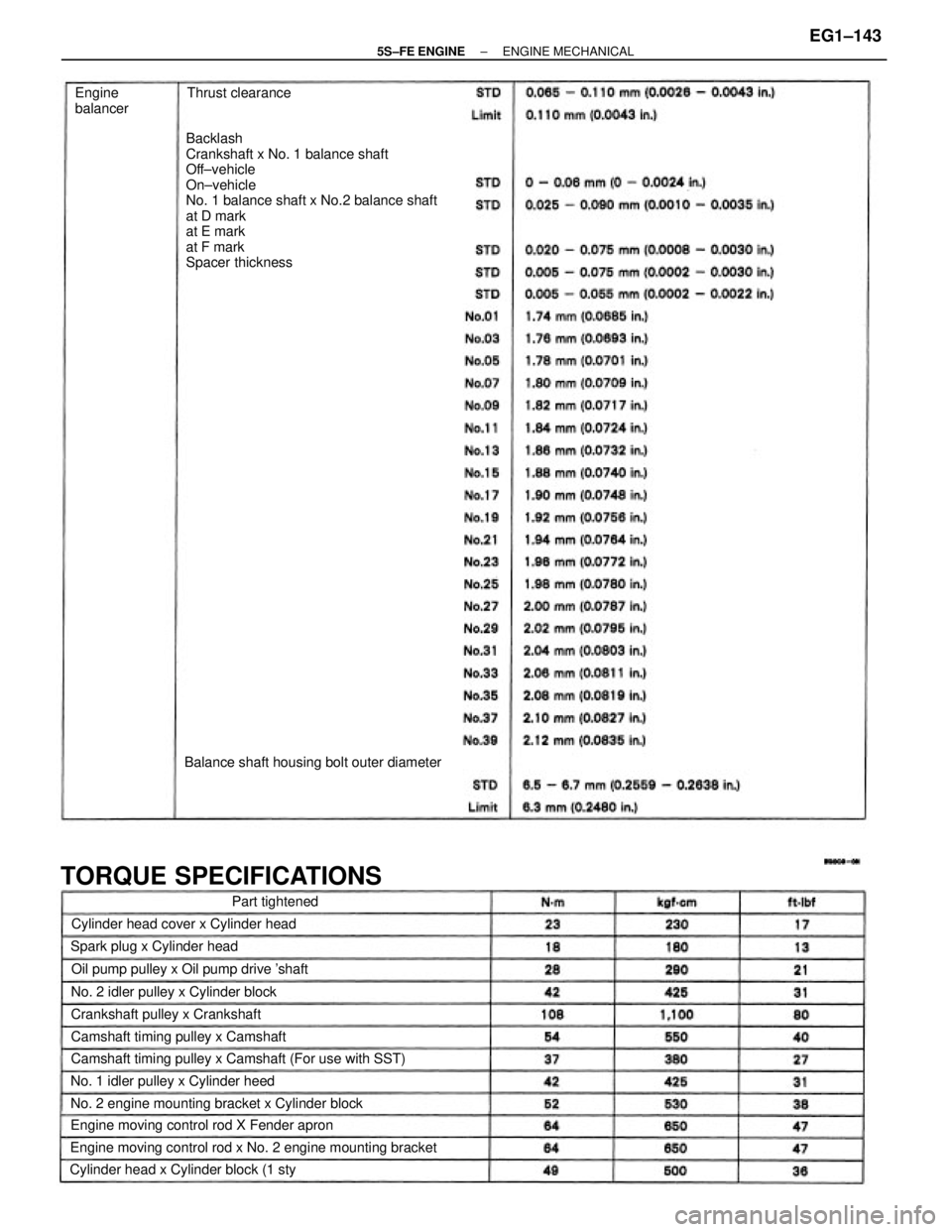 TOYOTA CAMRY 2000  Service Repair Manual Backlash
Crankshaft x No. 1 balance shaft
Off±vehicle
On±vehicle
No. 1 balance shaft x No.2 balance shaft
at D mark
at E mark
at F mark
Spacer thickness
Engine moving control rod x No. 2 engine moun
