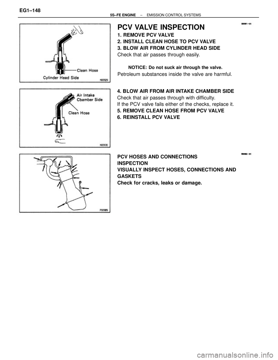 TOYOTA CAMRY 2000  Service Repair Manual PCV VALVE INSPECTION
1. REMOVE PCV VALVE
2. INSTALL CLEAN HOSE TO PCV VALVE
3. BLOW AIR FROM CYLINDER HEAD SIDE
Check that air passes through easily.
NOTICE: Do not suck air through the valve.
Petrole