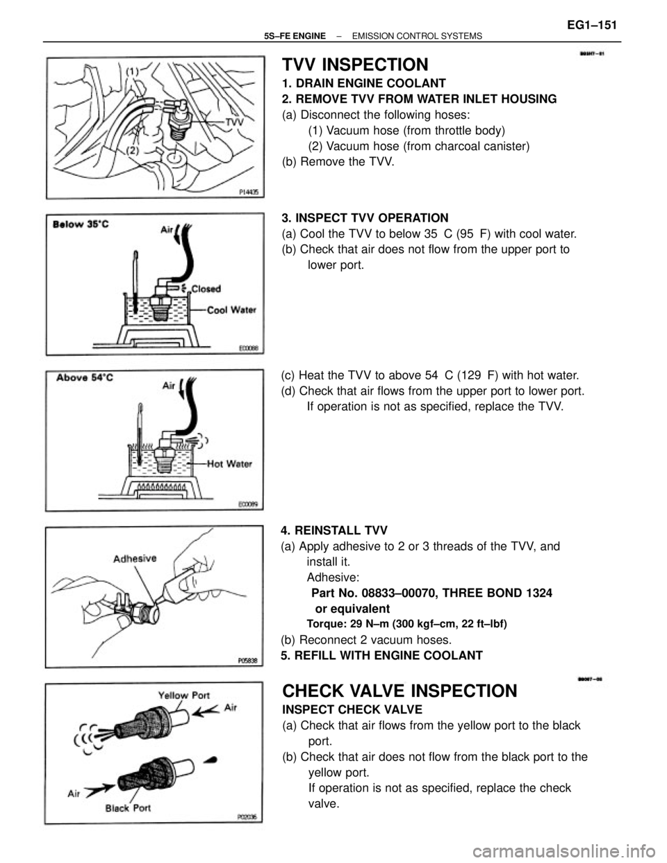 TOYOTA CAMRY 2000  Service Repair Manual 4. REINSTALL TVV
(a) Apply adhesive to 2 or 3 threads of the TVV, and
install it.
Adhesive:
         Part No. 08833±00070, THREE BOND 1324
          or equivalent
Torque: 29 N±m (300 kgf±cm, 22 ft