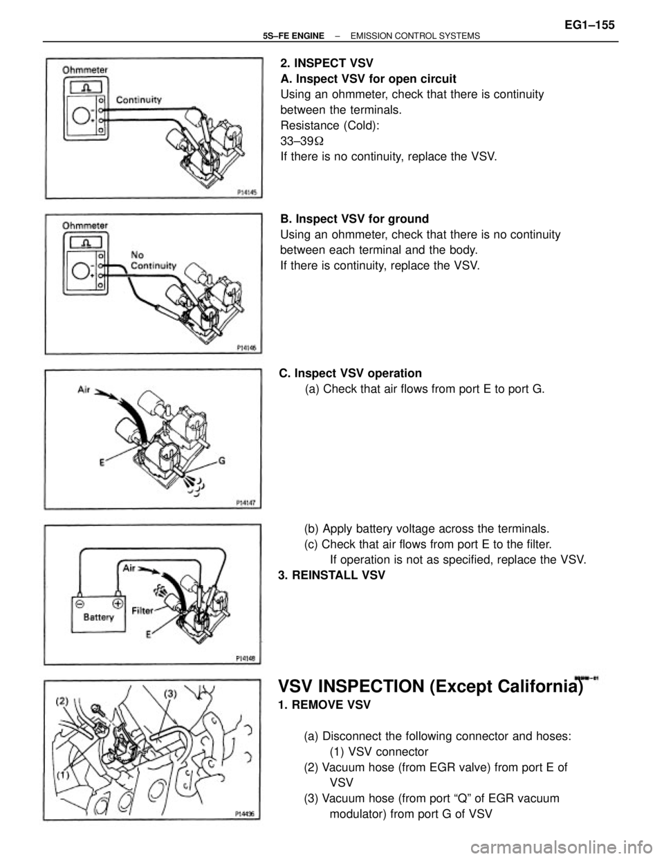 TOYOTA CAMRY 2000  Service Repair Manual VSV INSPECTION (Except California)
1. REMOVE VSV
(a) Disconnect the following connector and hoses:
(1) VSV connector
(2) Vacuum hose (from EGR valve) from port E of
VSV
(3) Vacuum hose (from port ªQ