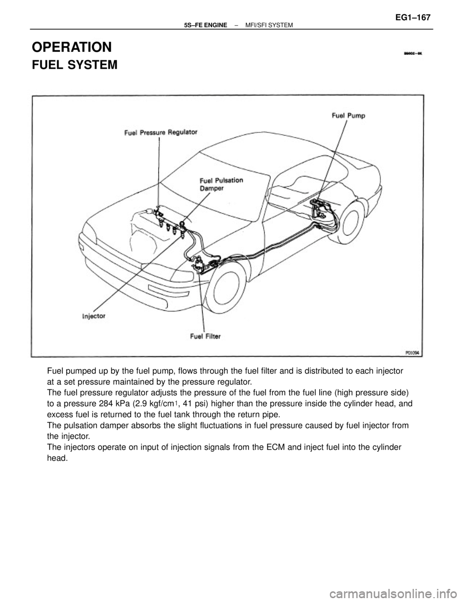 TOYOTA CAMRY 2000  Service Repair Manual Fuel pumped up by the fuel pump, flows through the fuel filter and is distributed to each injector
at a set pressure maintained by the pressure regulator.
The fuel pressure regulator adjusts the press