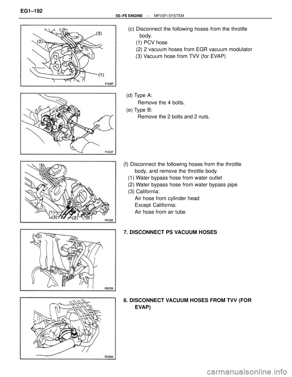 TOYOTA CAMRY 2000  Service Repair Manual (f) Disconnect the following hoses from the throttle
body, and remove the throttle body.
   (1) Water bypass hose from water outlet
   (2) Water bypass hose from water bypass pipe
   (3) California:
A
