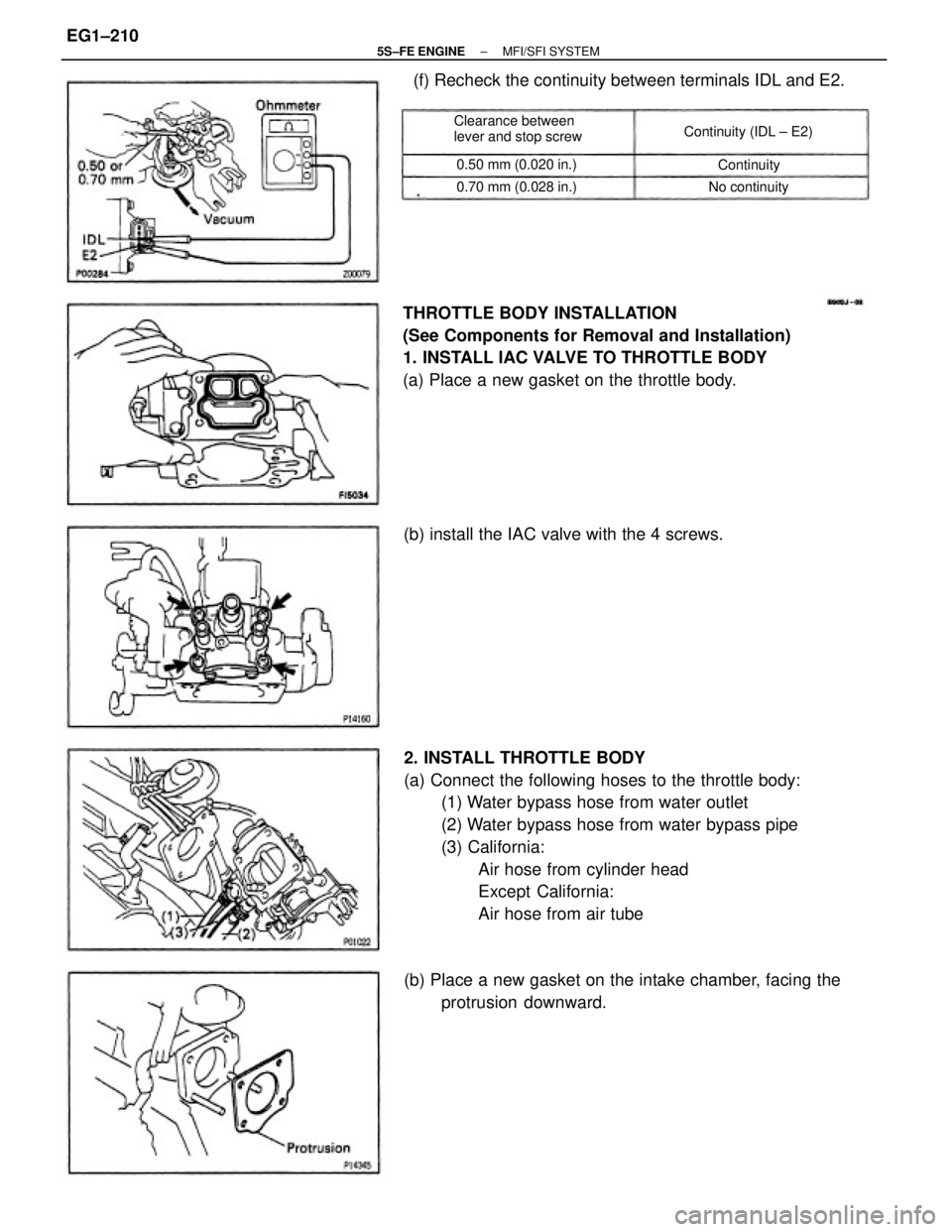 TOYOTA CAMRY 2000  Service Repair Manual 2. INSTALL THROTTLE BODY
(a) Connect the following hoses to the throttle body:
(1) Water bypass hose from water outlet
(2) Water bypass hose from water bypass pipe
(3) California:
Air hose from cylind