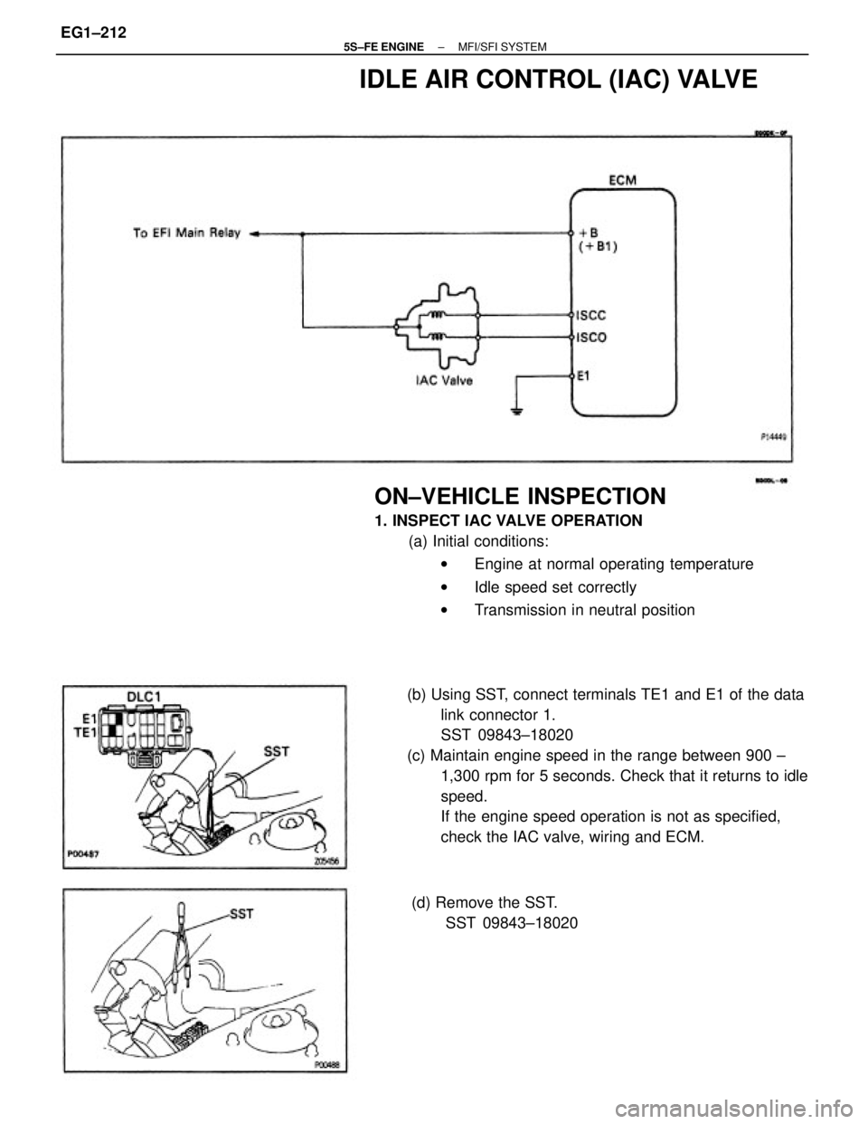 TOYOTA CAMRY 2000  Service Repair Manual (b) Using SST, connect terminals TE1 and E1 of the data
link connector 1.
SST 09843±18020
(c) Maintain engine speed in the range between 900 ±
1,300 rpm for 5 seconds. Check that it returns to idle
