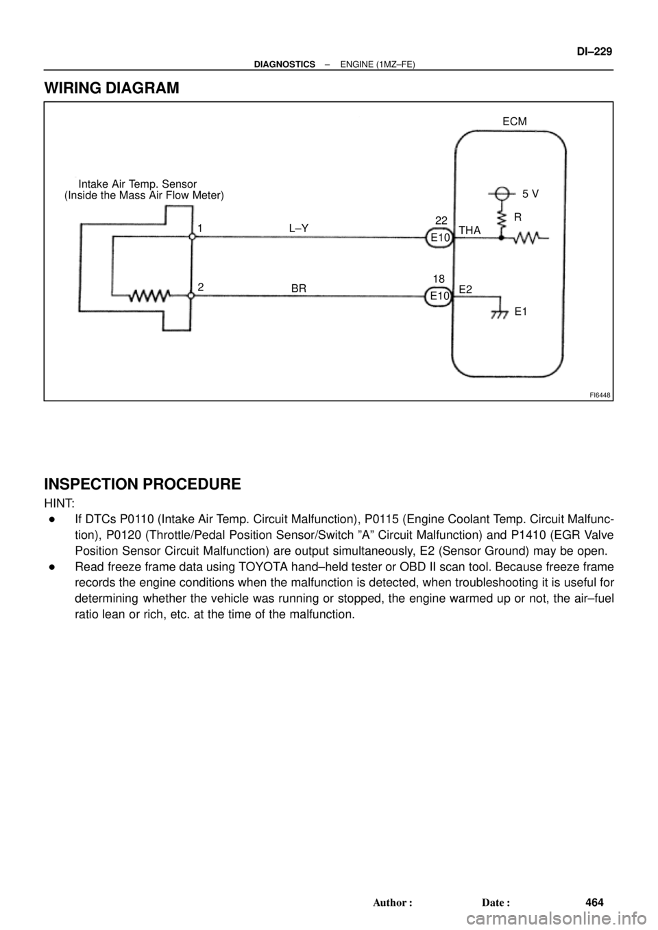 TOYOTA CAMRY 2000  Service Manual PDF FI6448
Intake Air Temp. Sensor
(Inside the Mass Air Flow Meter)ECM
5 V
THA
E2
E1 1
2R
L±Y
BR
E10E1022
18
± DIAGNOSTICSENGINE (1MZ±FE)
DI±229
464 Author: Date:
WIRING DIAGRAM
INSPECTION PROCEDURE